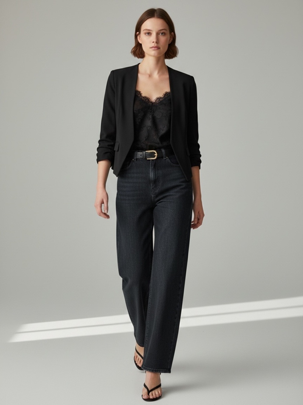 Ricki’s Black Cropped Blazer Open Front 3/4 Ruched Sleeves Size XS